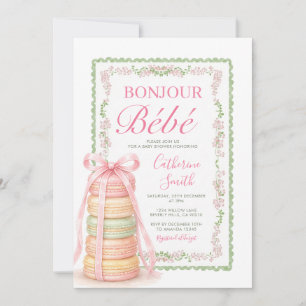 Bonjour Pink French Macaron Tower Baby Shower Invitation