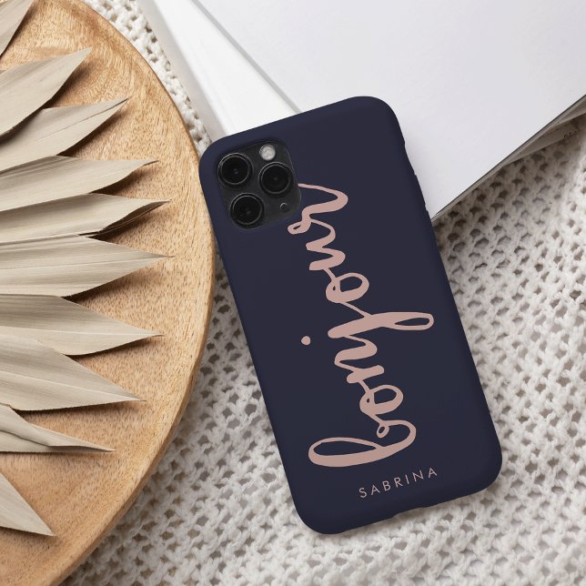 Bonjour Pink & Navy Chic Personalised Case-Mate iPhone Case (Creator Uploaded)