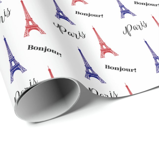 Bonjour Red Blue Paris Eiffel Tower Gift Wrap  (Roll Corner)