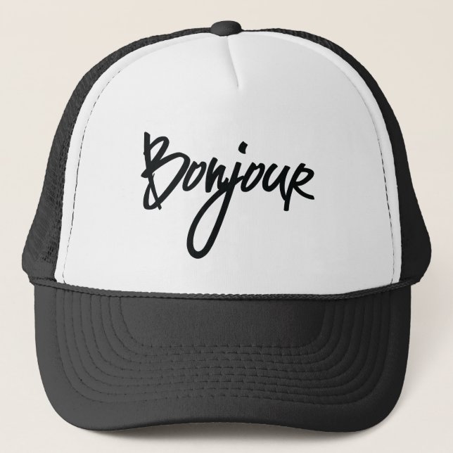 Bonjour Script (Black) for Lovers of France Trucker Hat (Front)