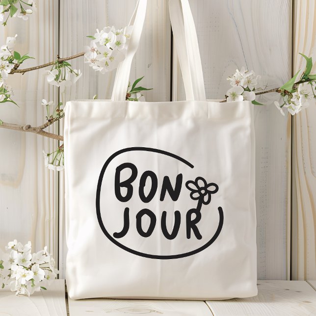 Bonjour Simple Modern Floral French Greeting  Tote Bag (Creator Uploaded)