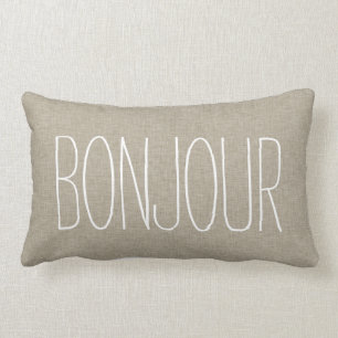 Bonjour Typography Linen Beige Colour Toss Pillow