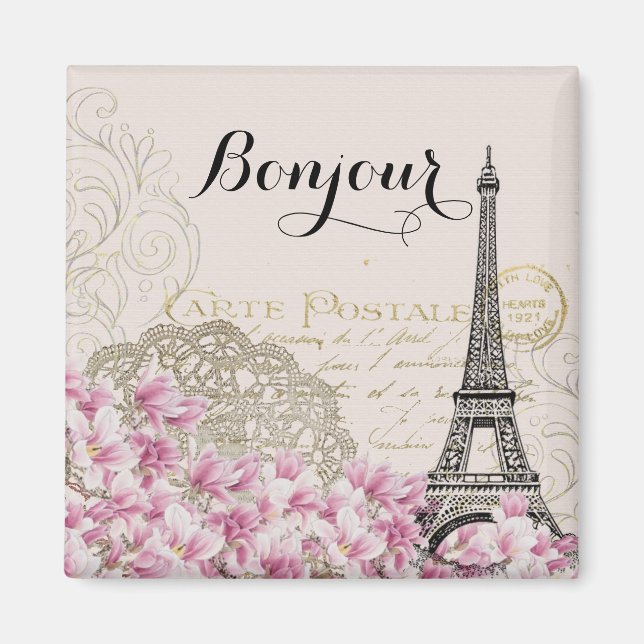 Bonjour Vintage Eiffel Tower Collage Magnet (Front)