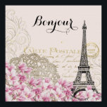 Bonjour Vintage Eiffel Tower Collage Poster<br><div class="desc">A whimsical vintage collage which has an old french postcard background with an eiffel tower sketch and some pink and white wildflowers bordering the bottom. Fancy swirly embellishments decorate the sides. Customisable text says bonjour in a fancy handwritten font.</div>