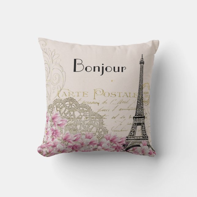 Bonjour Vintage Eiffel Tower Collage with Flowers Cushion (Front)