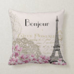 Bonjour Vintage Eiffel Tower Collage with Flowers Cushion<br><div class="desc">Bonjour written in a parisian style font. Customisable text. A whimsical vintage collage which has an old french postcard background with an eiffel tower sketch and some pink and white wildflowers bordering the bottom. Fancy swirly embellishments decorate the sides.</div>