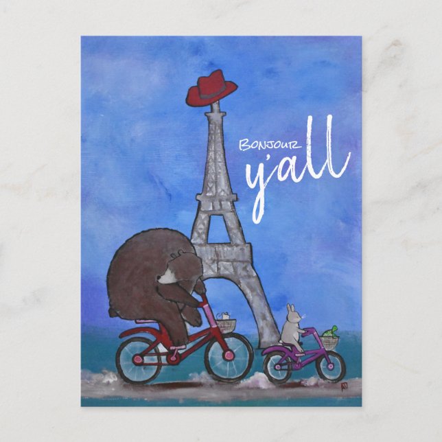 Bonjour Y'all Whimsical Eiffel Tower Paris Texas Postcard (Front)