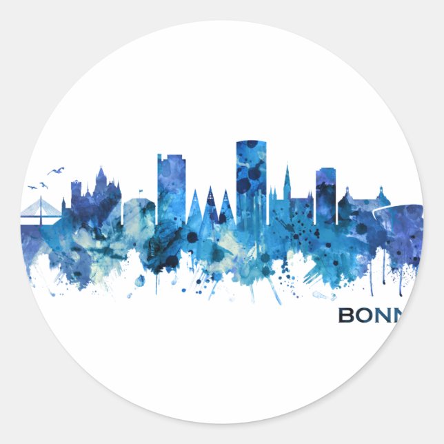 Bonn Germany Skyline Blue Classic Round Sticker (Front)