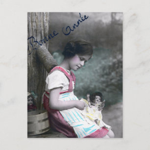 Bonne Année Vintage Girl with Dolll Postcard