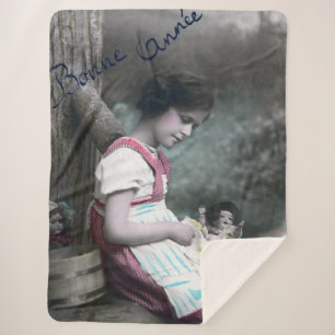 Bonne Année Vintage Girl with Dolll Sherpa Blanket