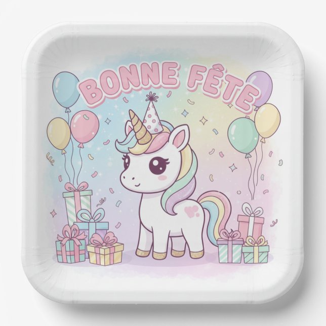 bonne fête licorne  paper plate (Front)
