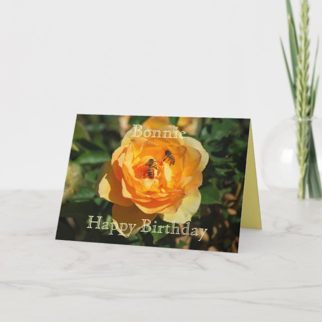 Bonnie Happy Birthday Yellow Rose With Honeybees Card (Front)