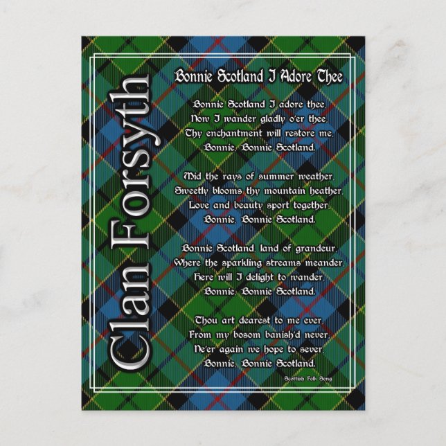 Bonnie Scotland I Adore Thee Clan Forsyth Tartan Postcard (Front)