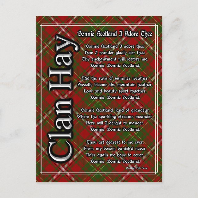 Bonnie Scotland I Adore Thee Clan Hay Tartan Postcard (Front)