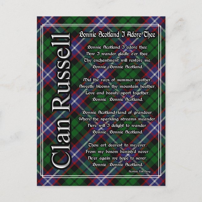 Bonnie Scotland I Adore Thee Clan Russell Tartan Postcard (Front)