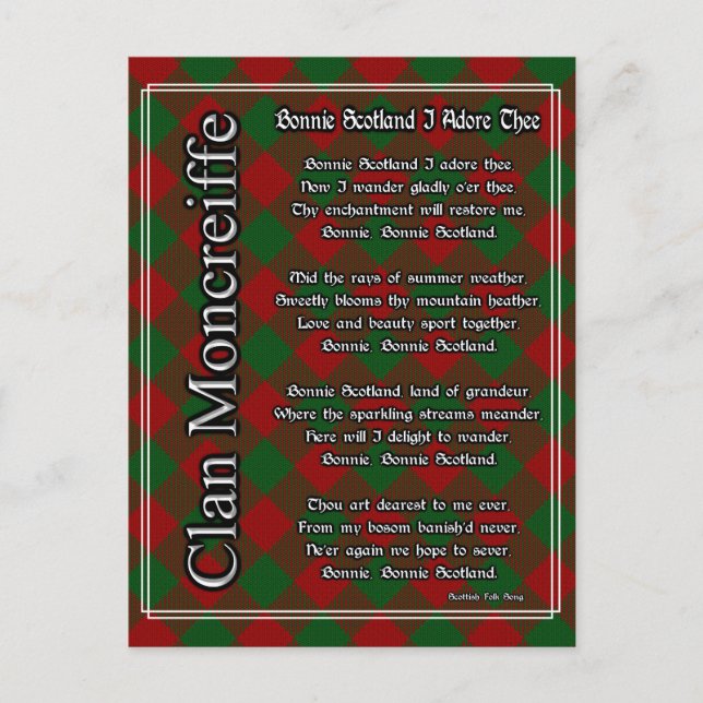 Bonnie Scotland I Adore Thee Moncreiffe Tartan Postcard (Front)
