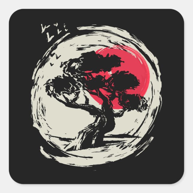 Bonsai Art Japanese Sunset Square Sticker (Front)