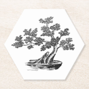 Bonsai - Chinese Style - black and white Paper Coaster