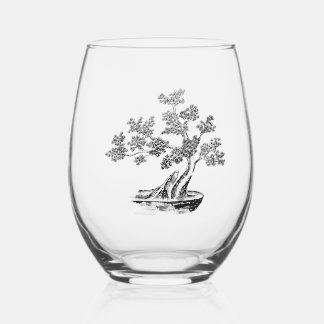 Bonsai - Chinese Style - black and white Stemless Wine Glass