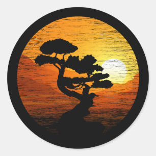 Bonsai Japanese Trees Zen Buddhist Orange Sunset Classic Round Sticker