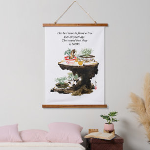Bonsai Tree Botanical Plant Japanese Watercolor Hanging Tapestry