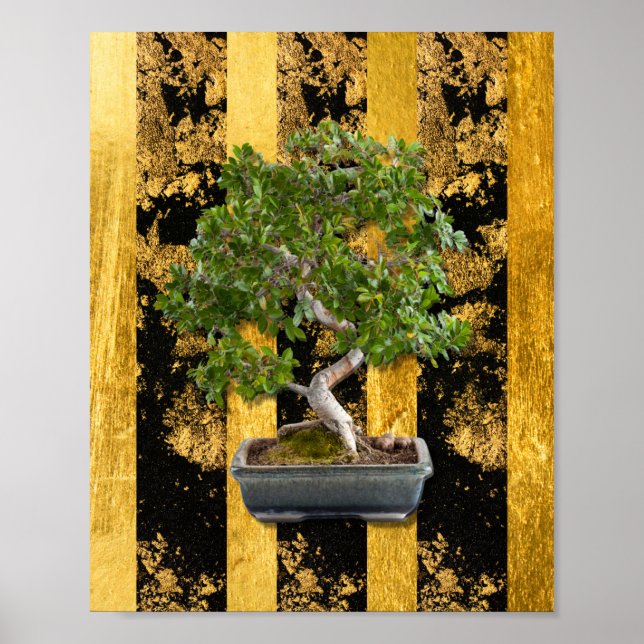 Bonsai Tree Green Gold Black Stripes Wall Art (Front)