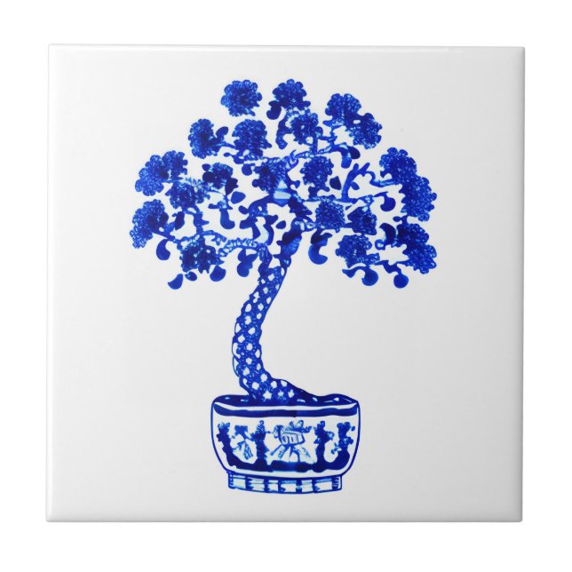Bonsai Tree in Cobalt Blue and White Ceramic Tile (Front)