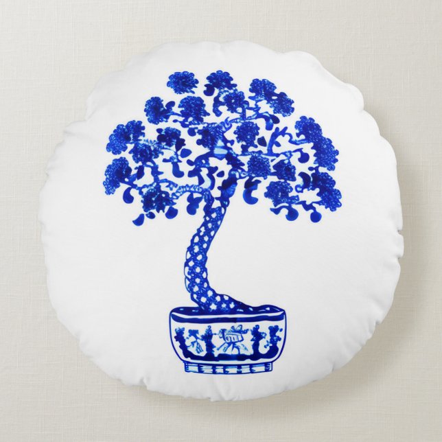 Bonsai Tree in Cobalt Blue and White Round Cushion (Front)