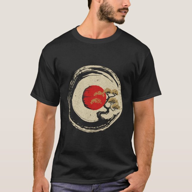 Bonsai Tree In Japanese Zen Buddhist Enso Circle T-Shirt (Front)