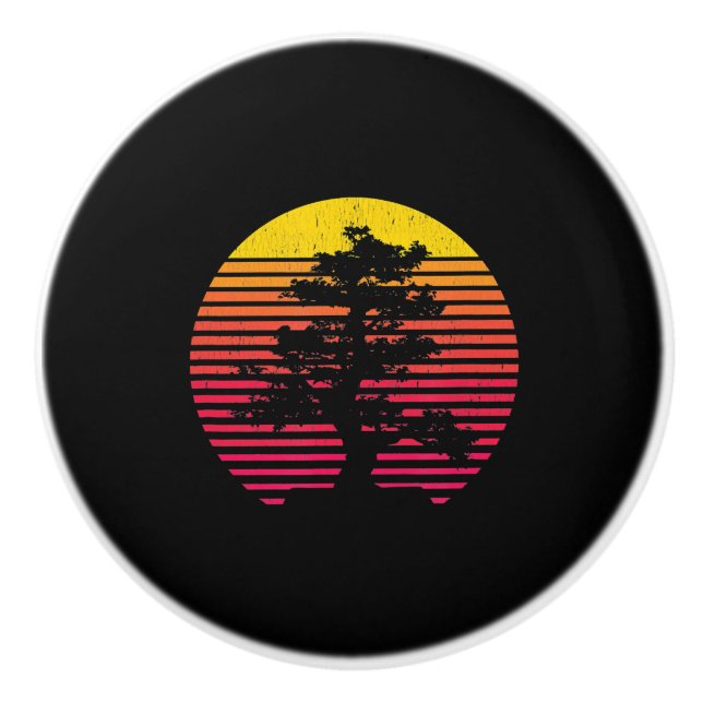 Bonsai Tree Japanese Zen Buddhist Tree  Sunset Ceramic Knob (Front)