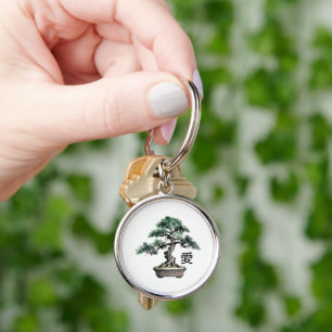 Bonsai Tree Sumi-e Style Japanese Love Calligraphy Key Ring