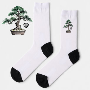 Bonsai Tree Sumi-e Style Japanese Love Calligraphy Socks