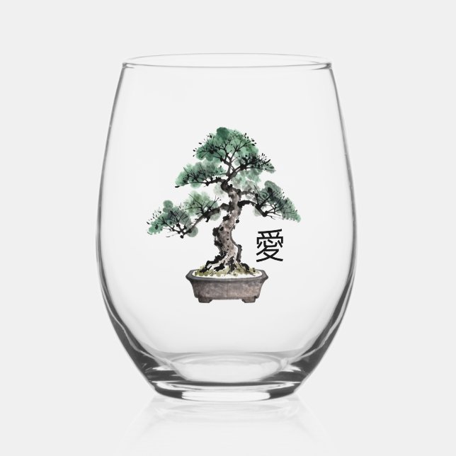 Bonsai Tree Sumi-e Style Japanese Love Calligraphy Stemless Wine Glass (Front)