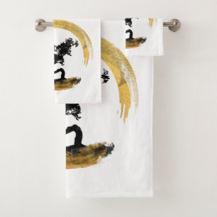 Bonsai Tree. Zen Enso Circl. Feng Shui Calligraphy Bath Towel Set