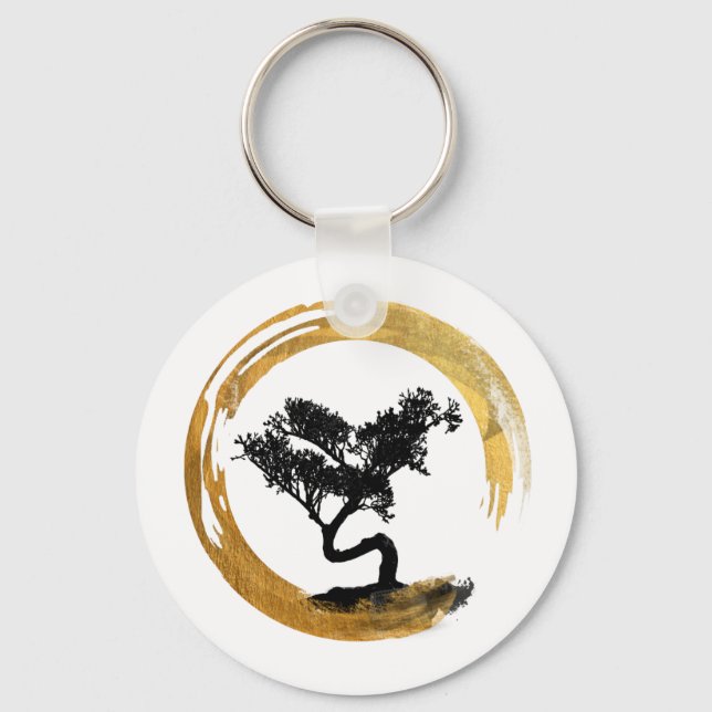 Bonsai Tree. Zen Enso Circl. Feng Shui Calligraphy Key Ring (Front)