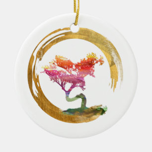 Bonsai Tree. Zen Enso Circle. Watercolor Feng Shui Ceramic Tree Decoration