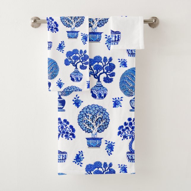 Bonsai Trees Pattern in Cobalt Blue and White Bath Towel Set (Insitu)