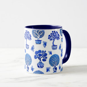 Bonsai Trees Pattern in Cobalt Blue and White Mug