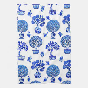 Bonsai Trees Pattern in Cobalt Blue and White Tea Towel