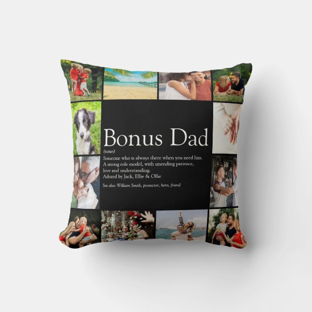 Bonus Dad Definition Stepdad Photo Collage Black Cushion (Front)