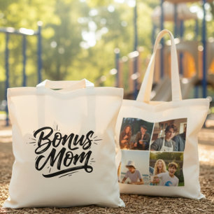 Bonus Mom Brush Script Four Photo Black and White Tote Bag