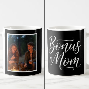 Bonus Mom Elegant Cursive 1 Custom Photo Black Coffee Mug