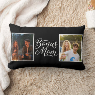 Bonus Mom Pretty Cursive Two Photo Black and White Lumbar Cushion