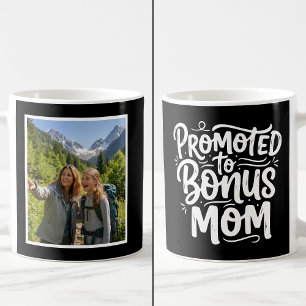 Bonus Mom Promoted Brush Script  1 Photo Black Coffee Mug