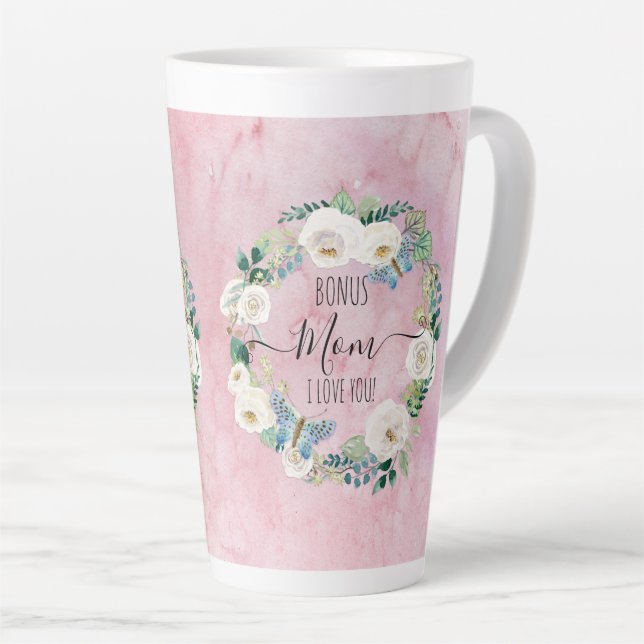 Bonus Mum I Love You Pink White Boho Floral Wreath Latte Mug (Right Angle)