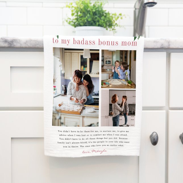 "Bonus Mum" Step Mum | Floral 3 Photo Tea Towel (Creator Uploaded)