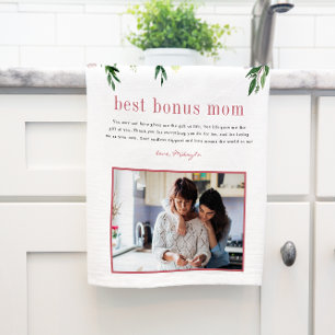 "Bonus Mum" Step Mum   Floral Photo Tea Towel
