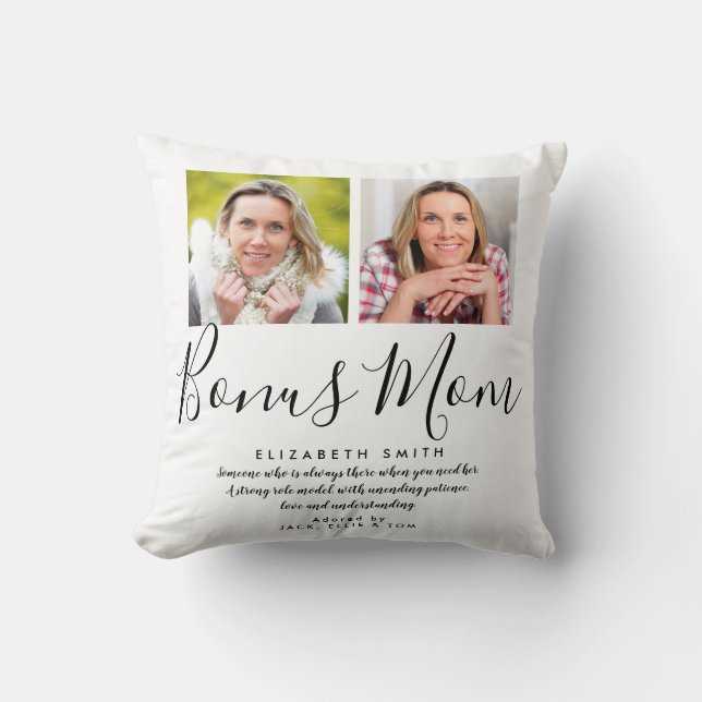 Bonus Mum Stepmom Script Quote 2 Photo Throw Pillo Cushion (Front)