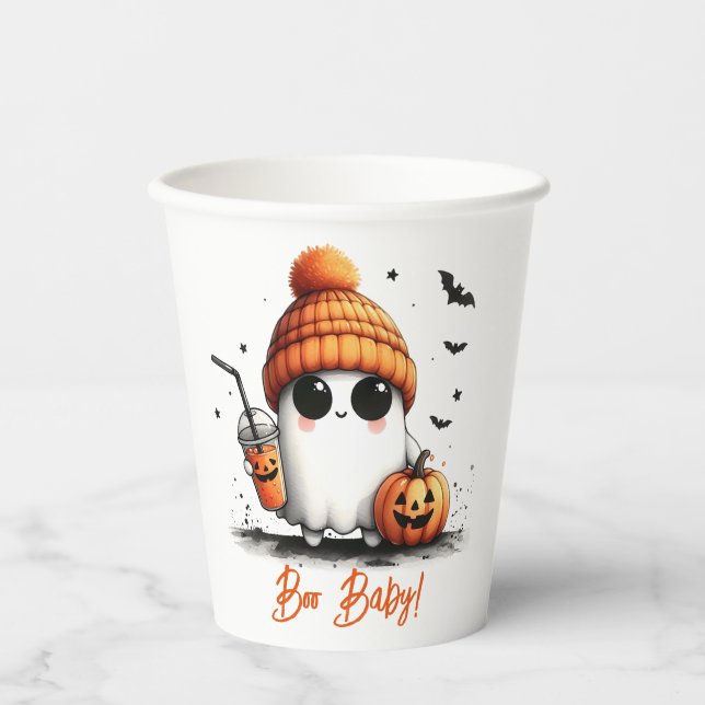 Boo Baby Ghost and Pumpkin Halloween Paper Cups (Front)