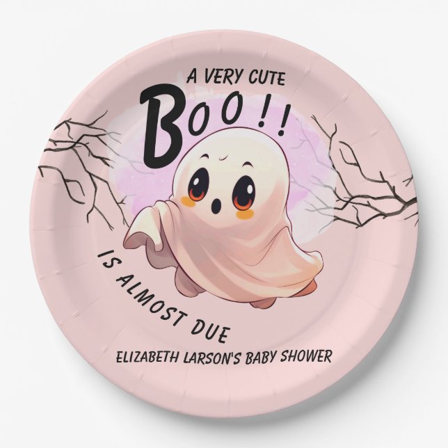 Boo Baby Shower Halloween Pink themed Cute Party Paper Plate (Front)